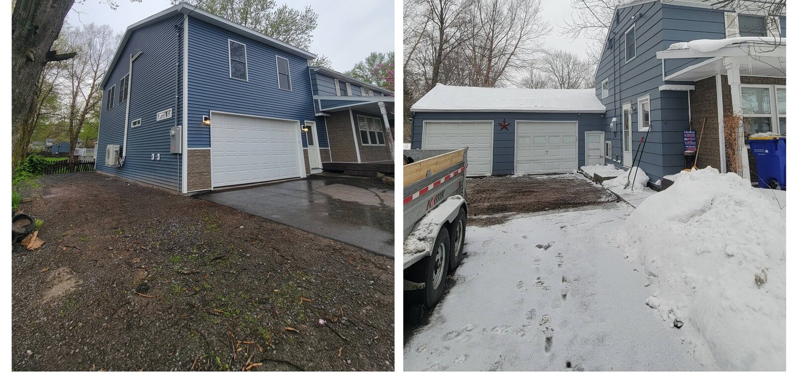 Before and after exterior renovation with siding and trim work